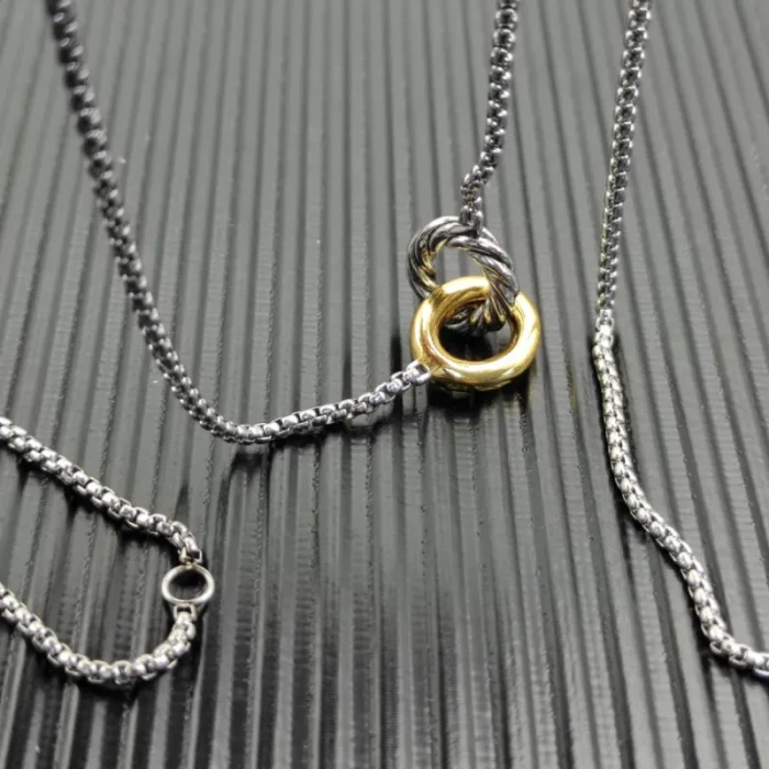David Yurman Gold and Silver Twisted Cable Double Ring Necklace, 2mm Chain, 45+5cm Adjustable Length