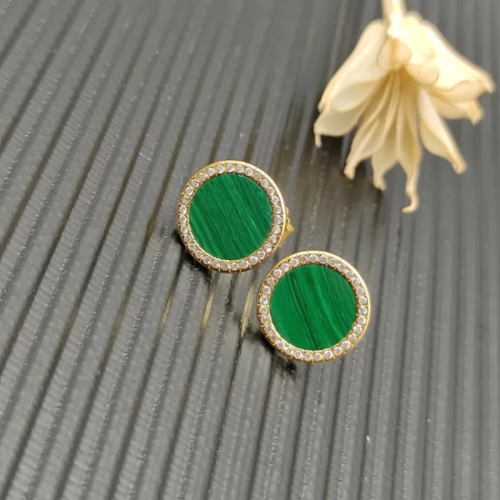 David Yurman 14mm Gold Malachite Diamond Circle Stud Earrings