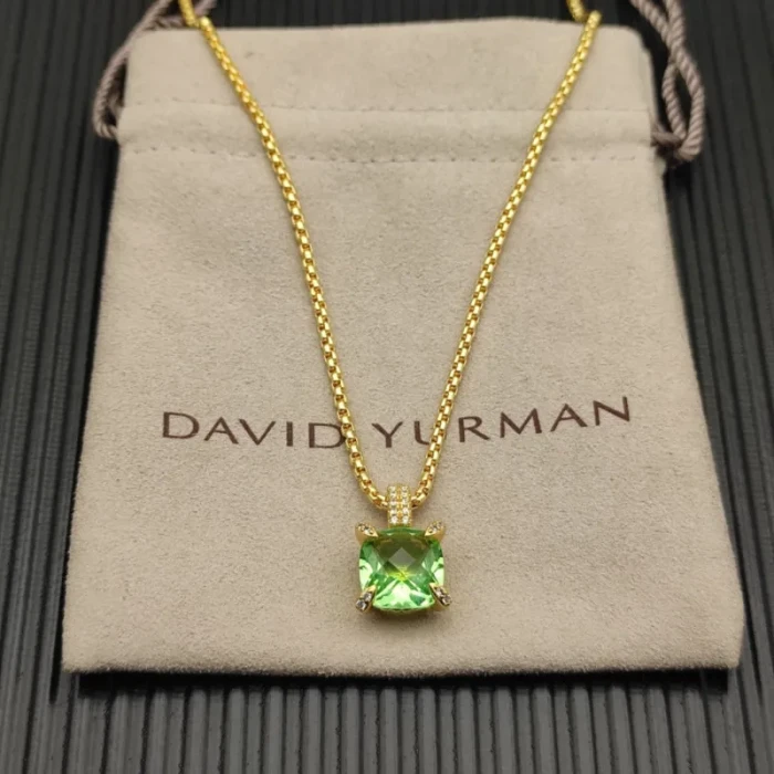 David Yurman Gold 11mm Four-Prong Green Diamond Necklace
