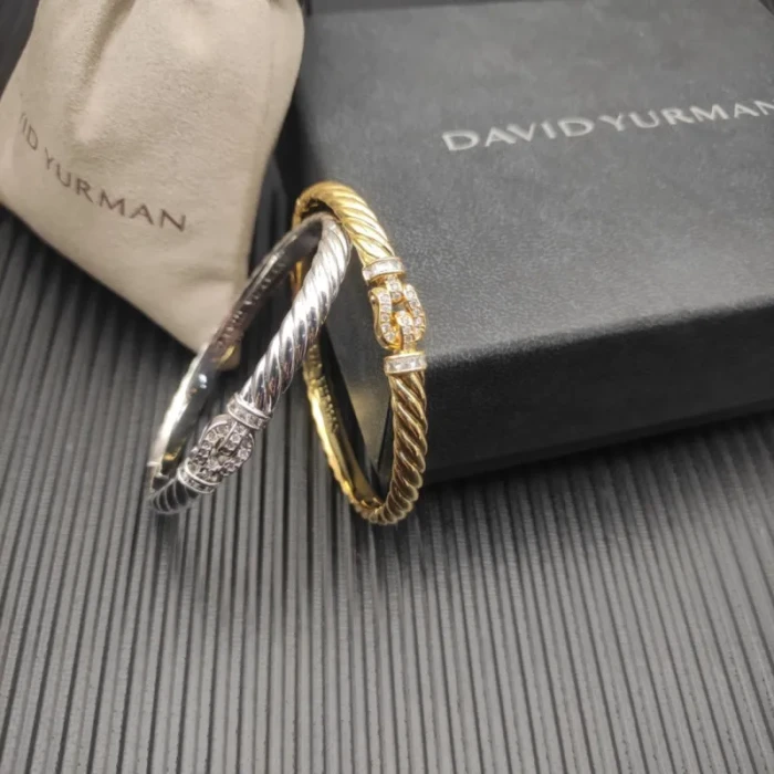 David Yurman 6.2mm Gold Pavé Hook Clasp Engraved Wave Bracelet