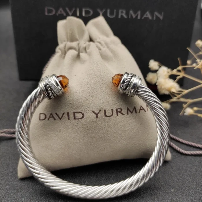 David Yurman 7mm Cable Cuff Bracelet with Rotating End Caps Champagne Diamonds