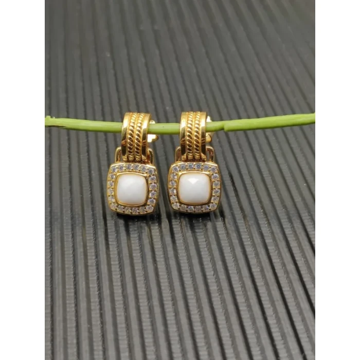 David Yurman Gold White Agate Square Cable Drop Earrings