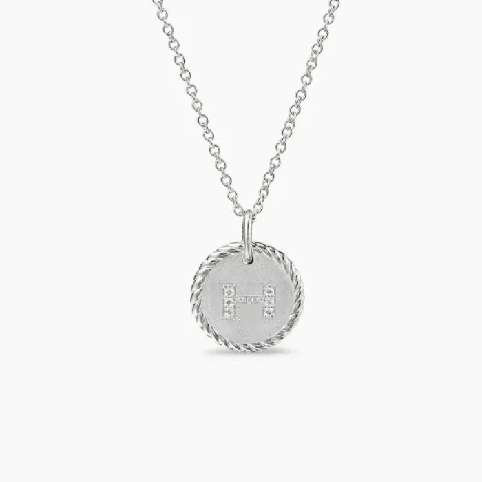 David Yurman Silver Diamond Letter H Round Pendant Necklace, Length 42cm + 3cm + 3cm