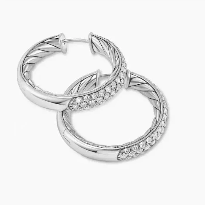 David Yurman Silver Half Pavé Diamond Stud Earrings, 25.4×4.8mm