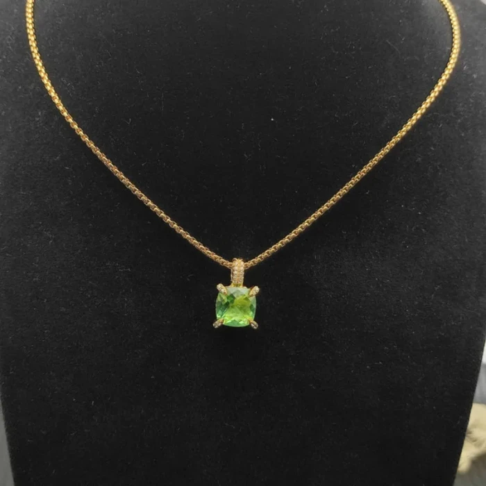 David Yurman Gold 11mm Four-Prong Green Diamond Necklace