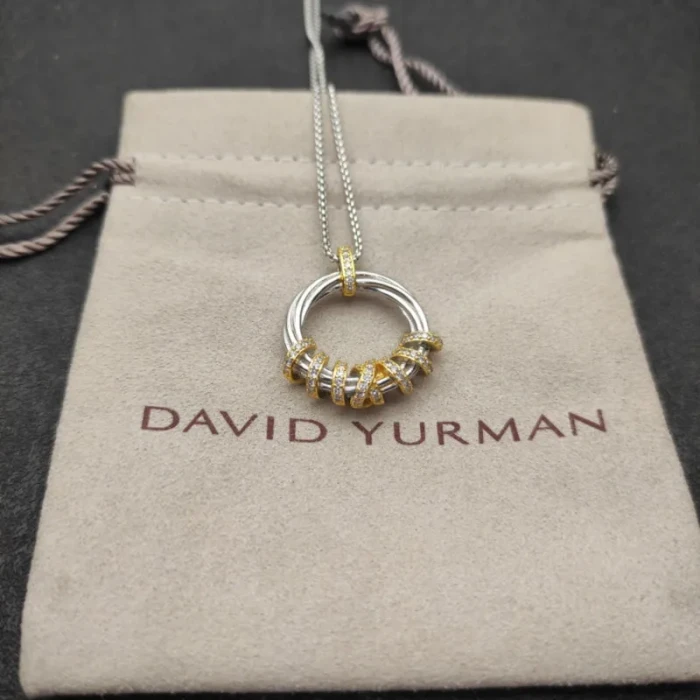 David Yurman Gold and Silver Rotating Hook Diamond Pendant Necklace, 1.5mm Chain, Length 45cm + 5cm