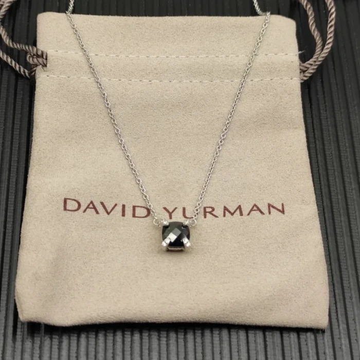 David Yurman Silver 8mm Four-Prong Black Diamond Necklace Adjustable 42+3+3cm