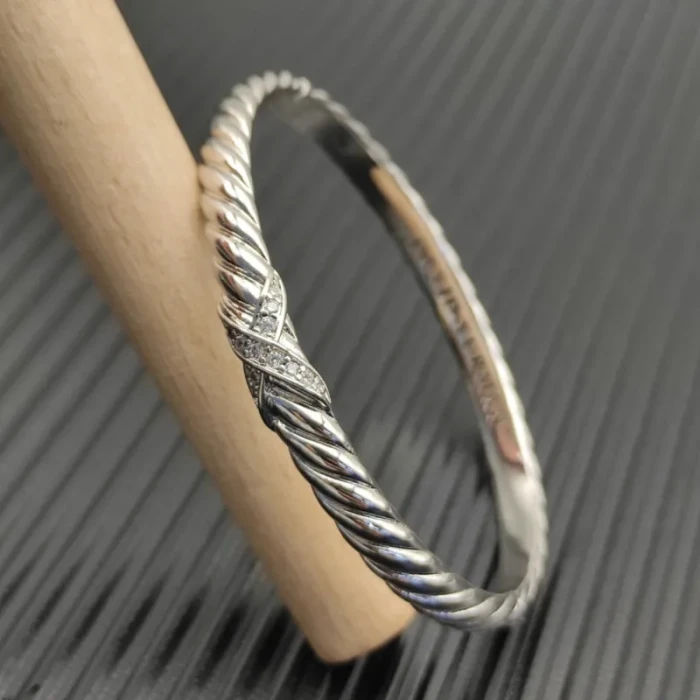 David Yurman 6.2mm Sterling Silver X-Pattern Pavé Wave Cuff Bracelet