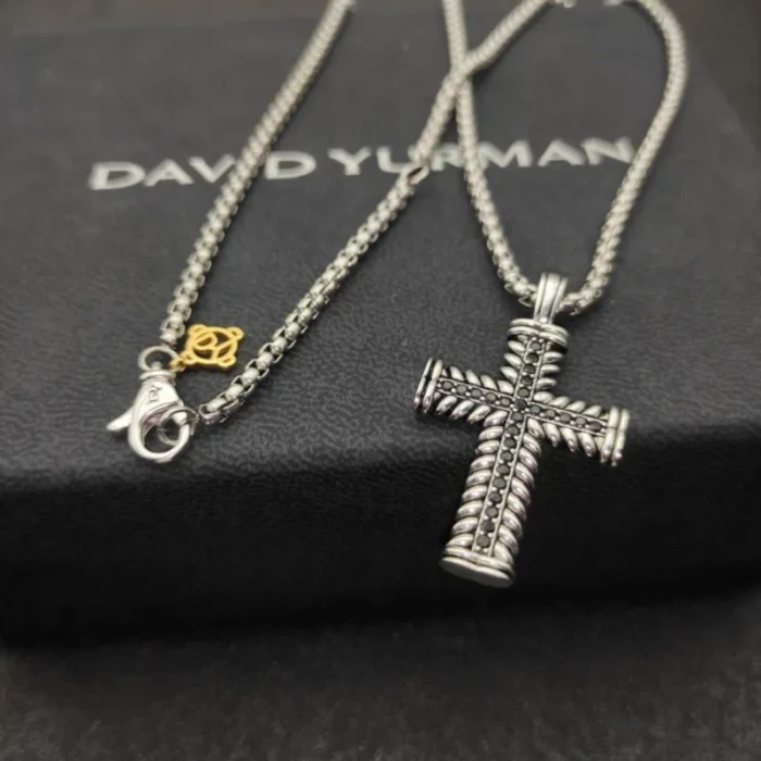 David Yurman Double Twist Cross Pendant Necklace with Black Diamonds, 3mm Cable Chain, Length 50cm + 5cm / 60cm + 5cm