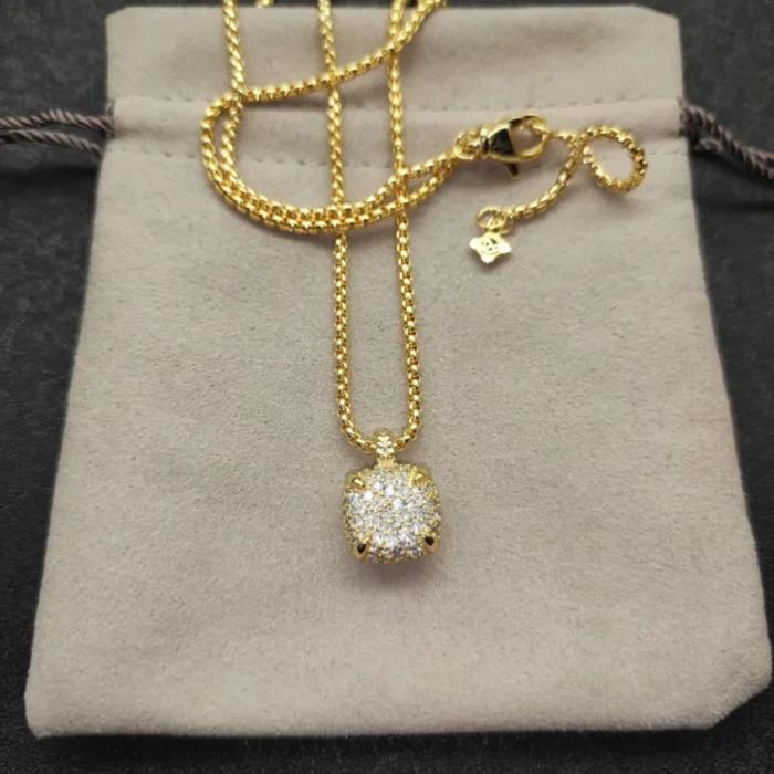 David Yurman 14mm Gold Four-Prong Pavé Diamond Necklace, 2mm Chain, 45+5cm Adjustable Length