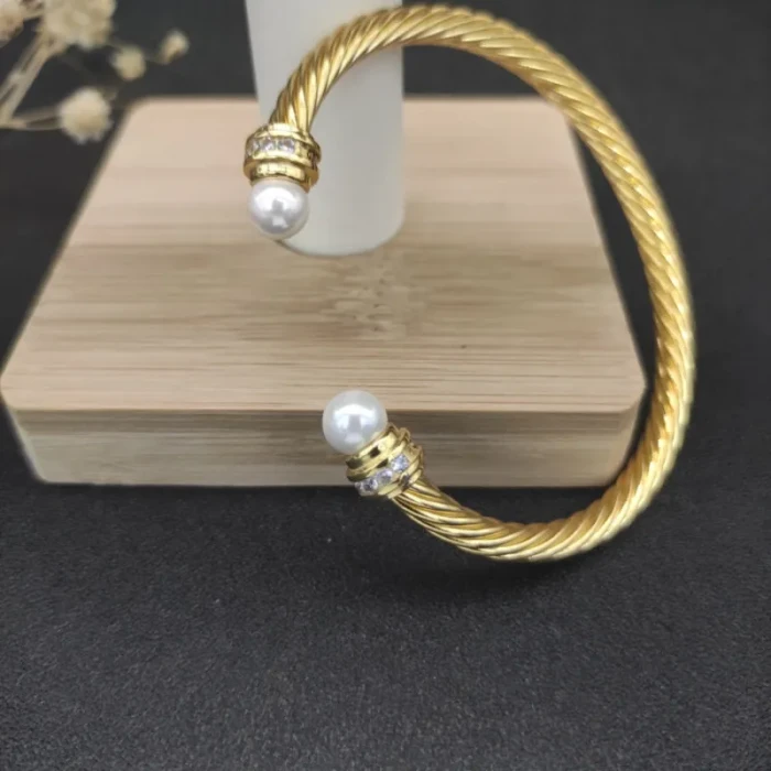 David Yurman 5mm Gold Cable Cuff Bracelet with Diamond-Accented Pearl