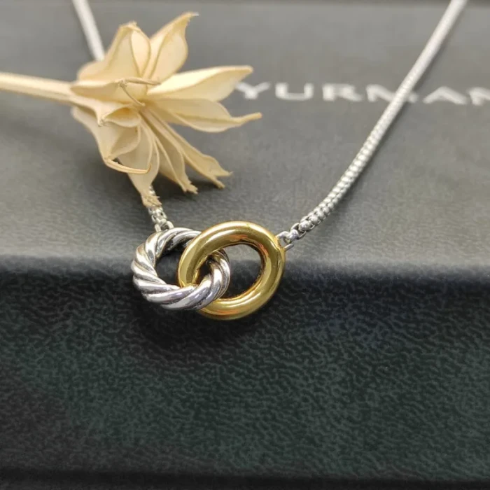 David Yurman Gold and Silver Twisted Cable Double Ring Necklace, 2mm Chain, 45+5cm Adjustable Length