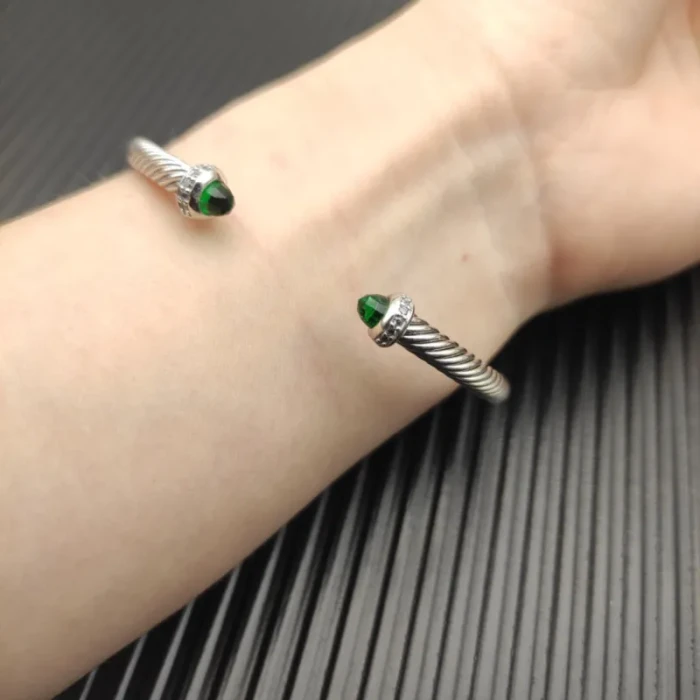David Yurman 4mm Sterling Silver Green Chalcedony Diamond Bangle Bracelet