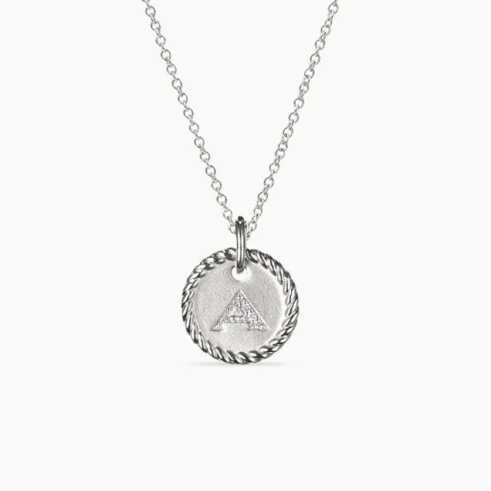 David Yurman Silver Diamond Letter A Round Pendant Necklace, Length 42cm + 3cm + 3cm