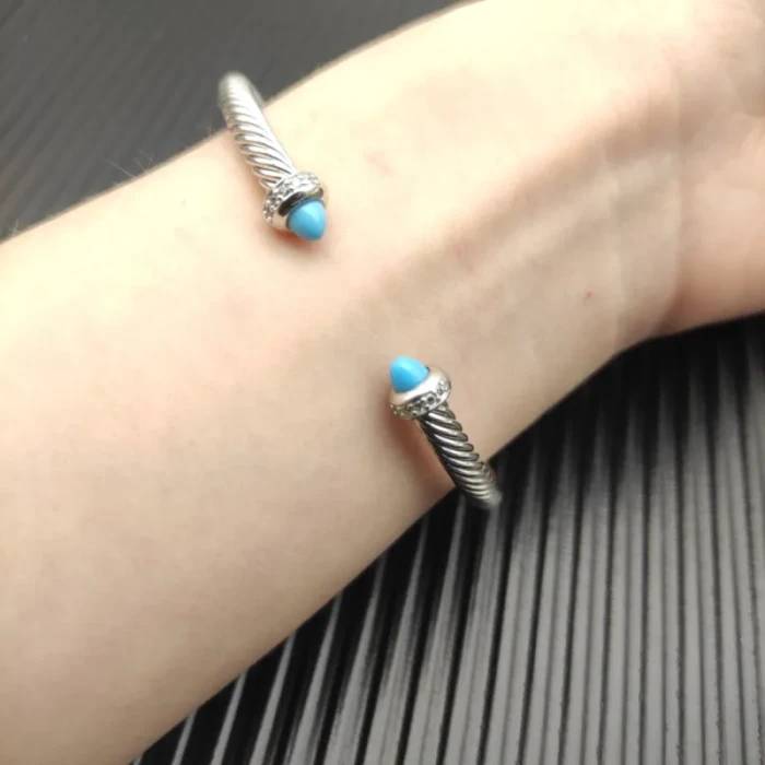 David Yurman 4mm Sterling Silver Turquoise Diamond Bangle Bracelet