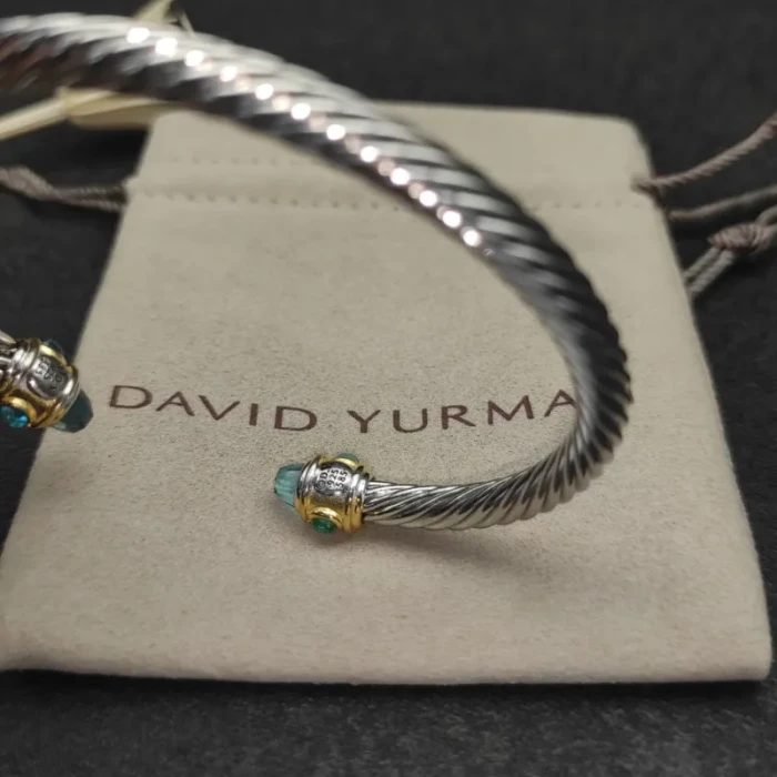 David Yurman 5mm Gold Cable Bracelet with Faceted Edge Design and Blue Diamonds