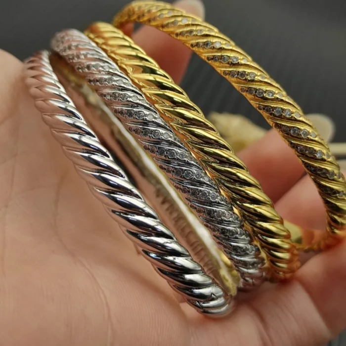 David Yurman 6.2mm Gold Diamond Engraved Wave Bangle Bracelet