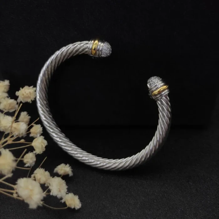 David Yurman 7mm Gold and Silver Half Pavé Diamond Cable Cuff Bracelet