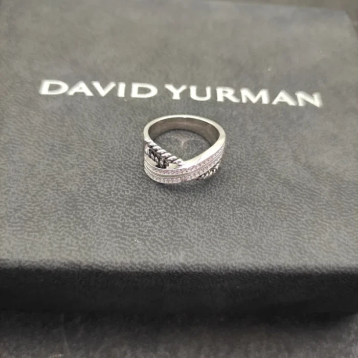 David Yurman Silver Double Twisted Cable Cross Diamond Ring