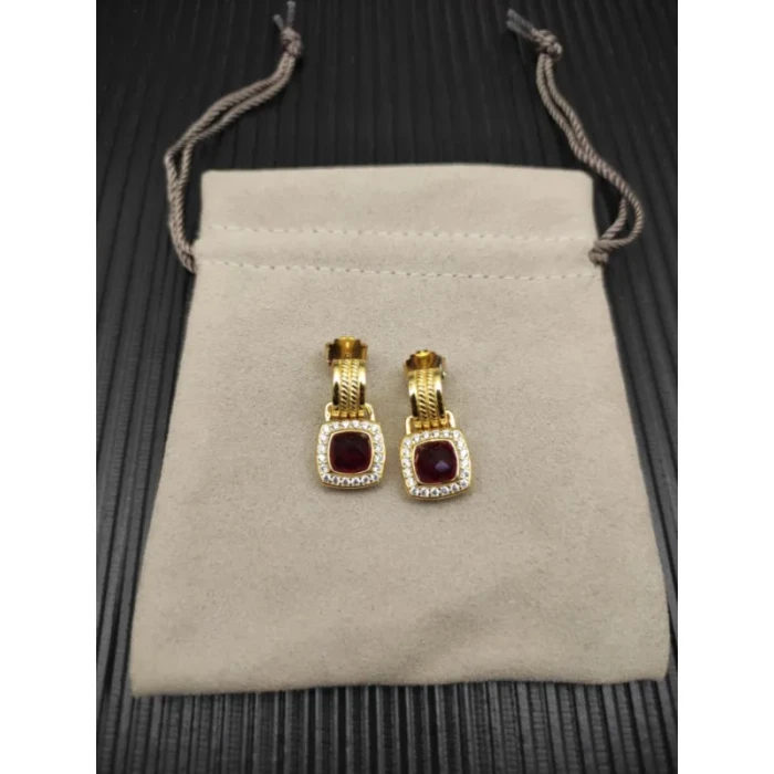 David Yurman Gold Red Pavé Square Cable Drop Earrings
