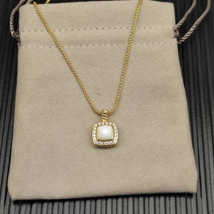 David Yurman Gold Square White Agate Pendant Necklace, 1.5mm Chain, Length 45cm + 5cm