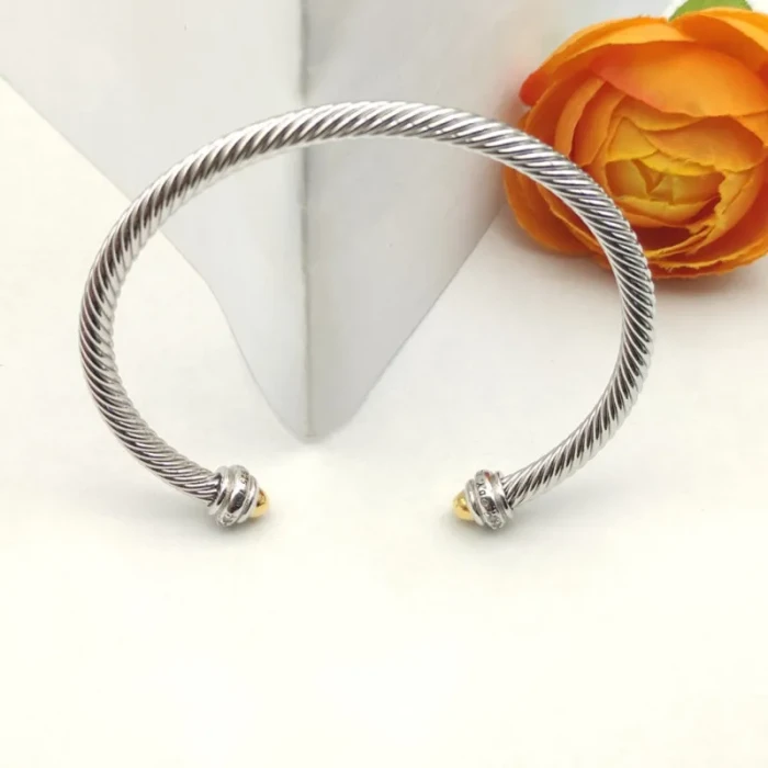 David Yurman 4mm Pavé Diamond Round-End Gold and Silver Bangle Bracelet