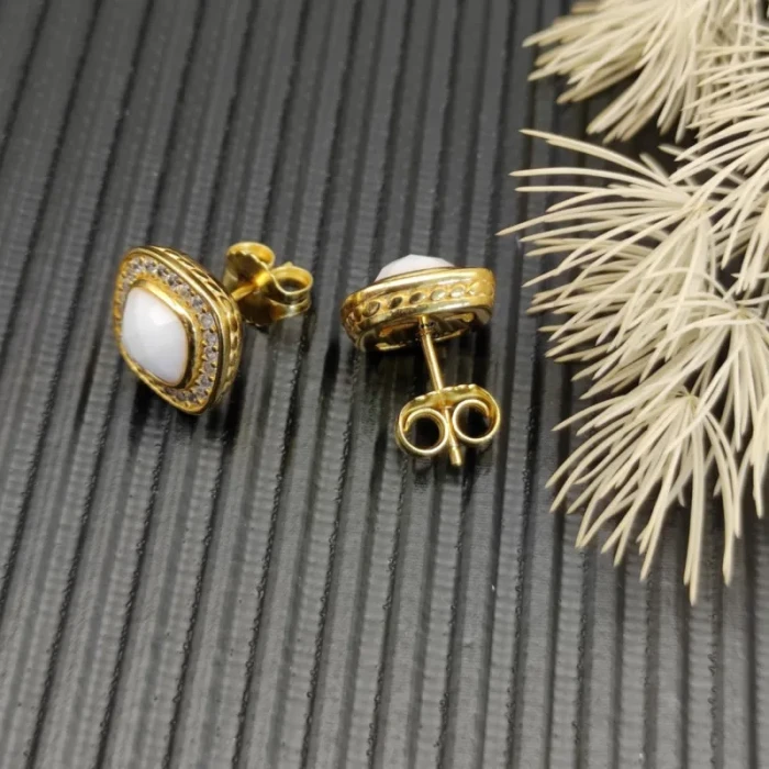 David Yurman 7mm Gold Square White Agate Stud Earrings