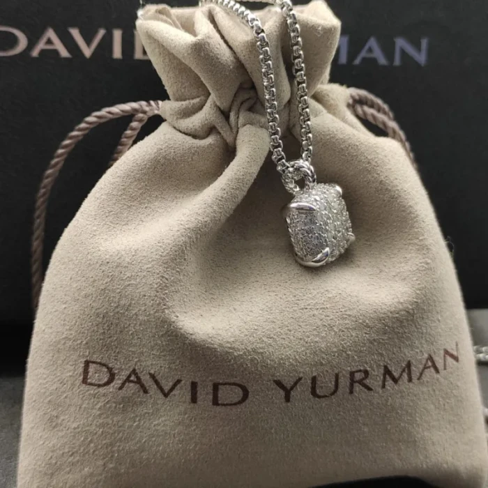 David Yurman 14mm Silver Four-Prong Pavé Diamond Necklace, 2mm Chain, 45+5cm Adjustable Length