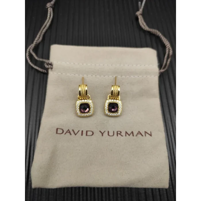 David Yurman Gold Purple Pavé Square Cable Drop Earrings