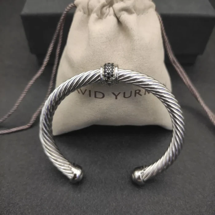 David Yurman 7mm Sterling Silver Cable Cuff Bracelet with Bead End Caps Black Diamonds