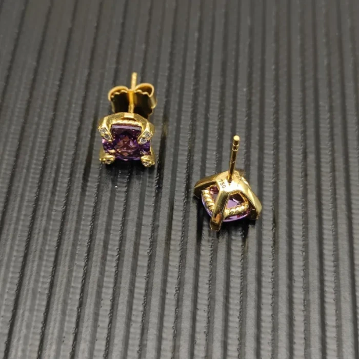 David Yurman 8mm Gold Four-Prong Purple Diamond Stud Earrings