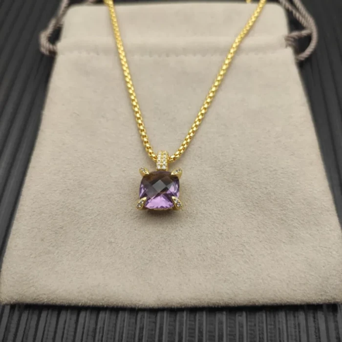 David Yurman Gold 11mm Four-Prong Purple Diamond Necklace