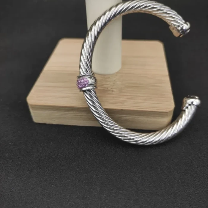 David Yurman 7mm Sterling Silver Cable Cuff Bracelet with Bead End Caps Pink Diamonds