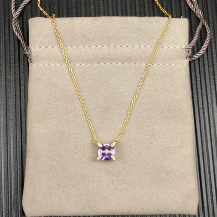 David Yurman Gold 8mm Four-Prong Purple Diamond Necklace