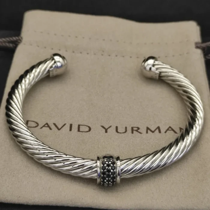 David Yurman 7mm Sterling Silver Cable Cuff Bracelet with Bead End Caps Black Diamonds
