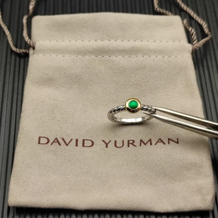 David Yurman Gold and Silver 2.8mm Petite Cable Green Chalcedony Ring