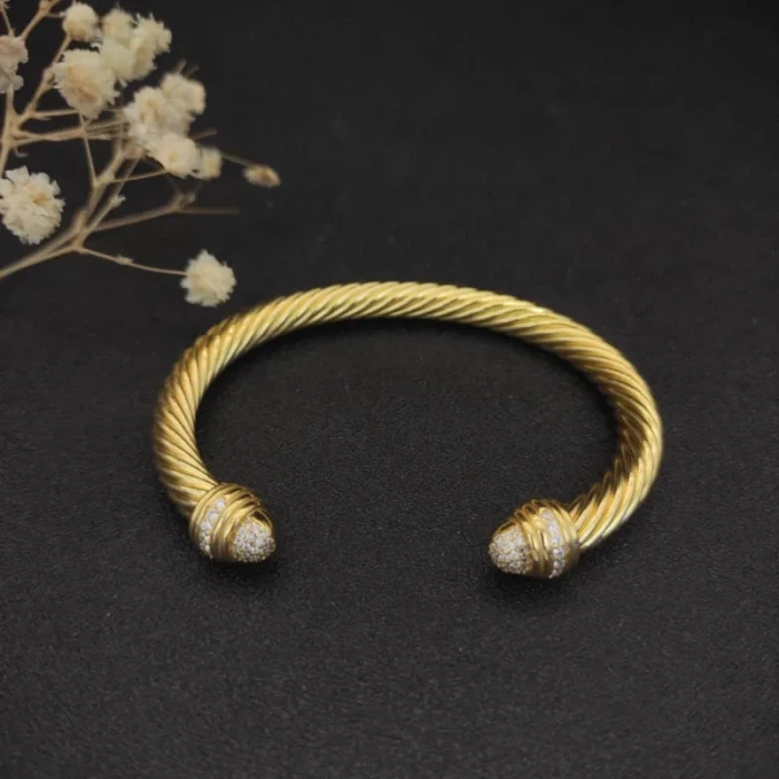 David Yurman 7mm Gold Half Pavé Diamond Cable Cuff Bracelet