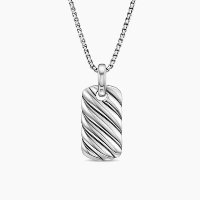 David Yurman Silver Square Wave Pendant Necklace, 3mm Chain, Length 50cm + 5cm