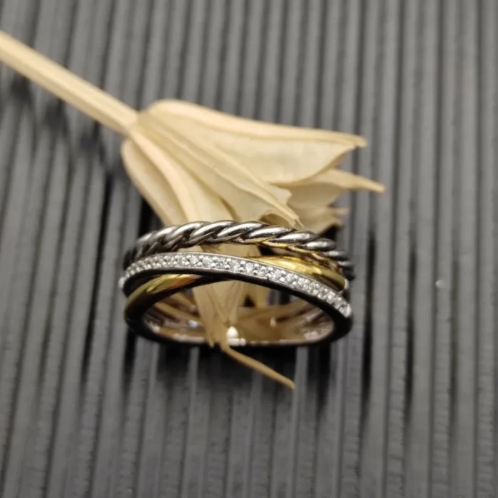 David Yurman Silver and Gold Pavé Twisted Cable Cylinder Ring