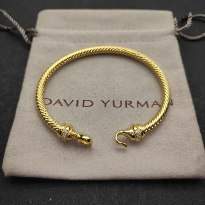 David Yurman 4mm Gold Diamond Hook Cuff Bracelet, Fits Wrist Size 16cm - 20cm