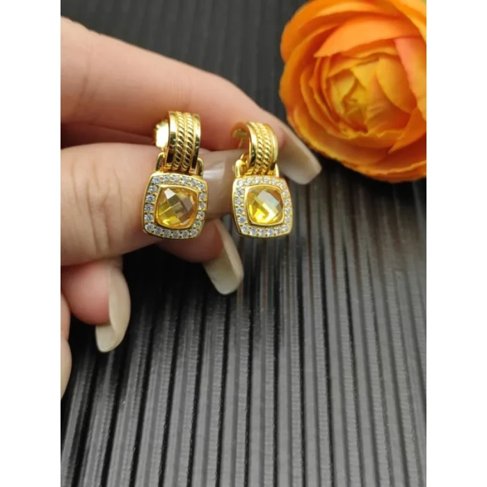 David Yurman Gold Yellow Pavé Square Cable Drop Earrings
