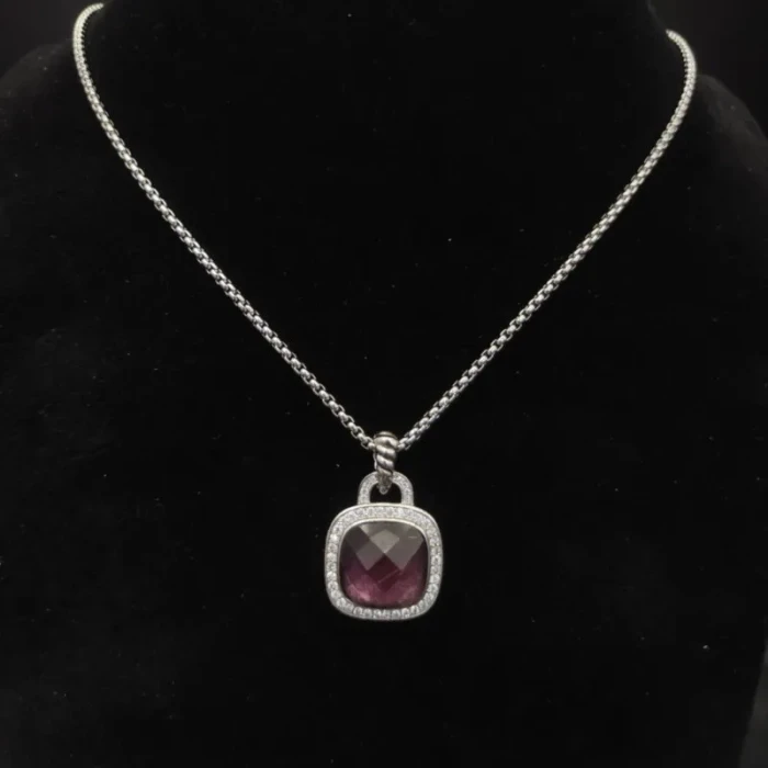 David Yurman 14mm Cushion-Cut Center Stone Necklace with Purple Pavé