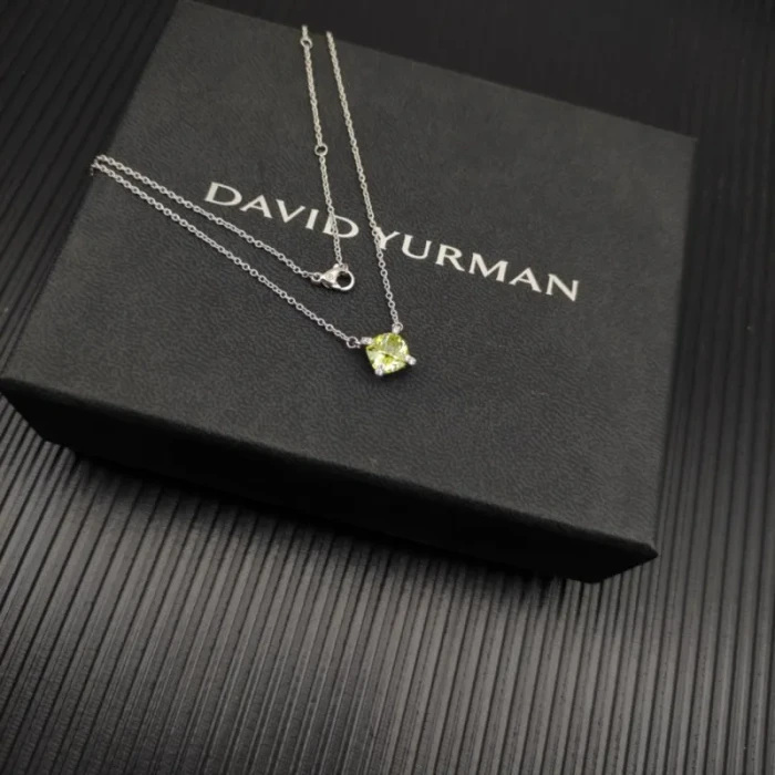 David Yurman Silver 8mm Four-Prong Green Diamond Necklace Adjustable 42+3+3cm