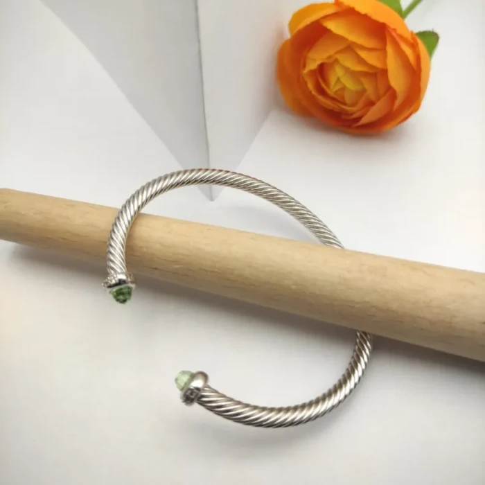 David Yurman 4mm Sterling Silver Light Green Diamond Bangle Bracelet