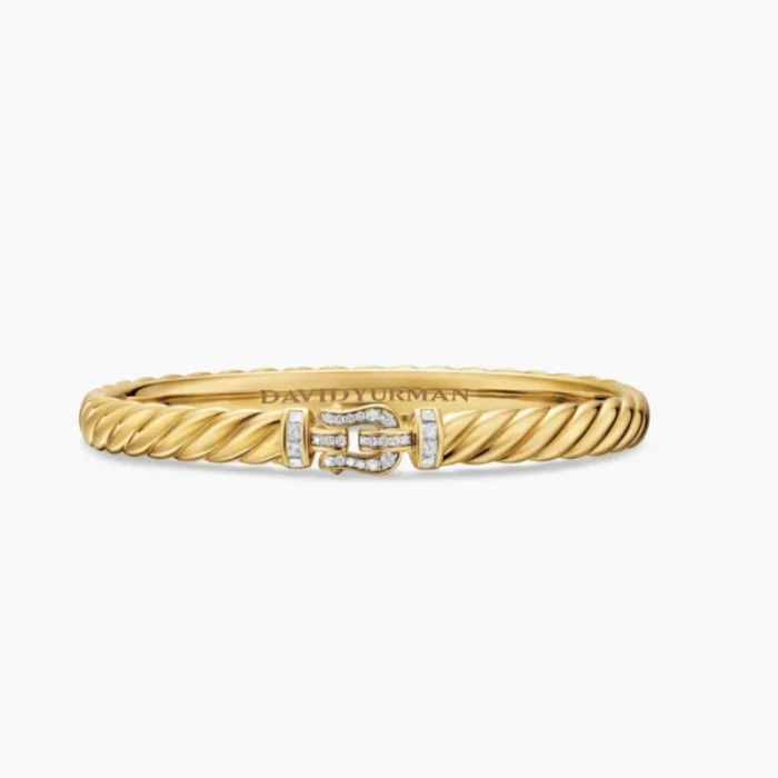 David Yurman 6.2mm Gold Pavé Hook Clasp Engraved Wave Bracelet