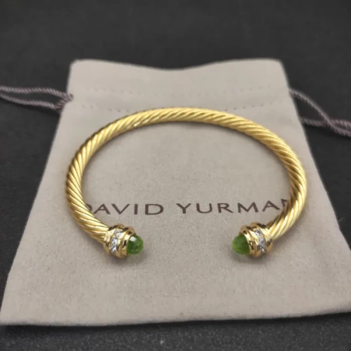 David Yurman 5mm Gold Cable Cuff Bracelet with Diamond-Accented Light Green Stone