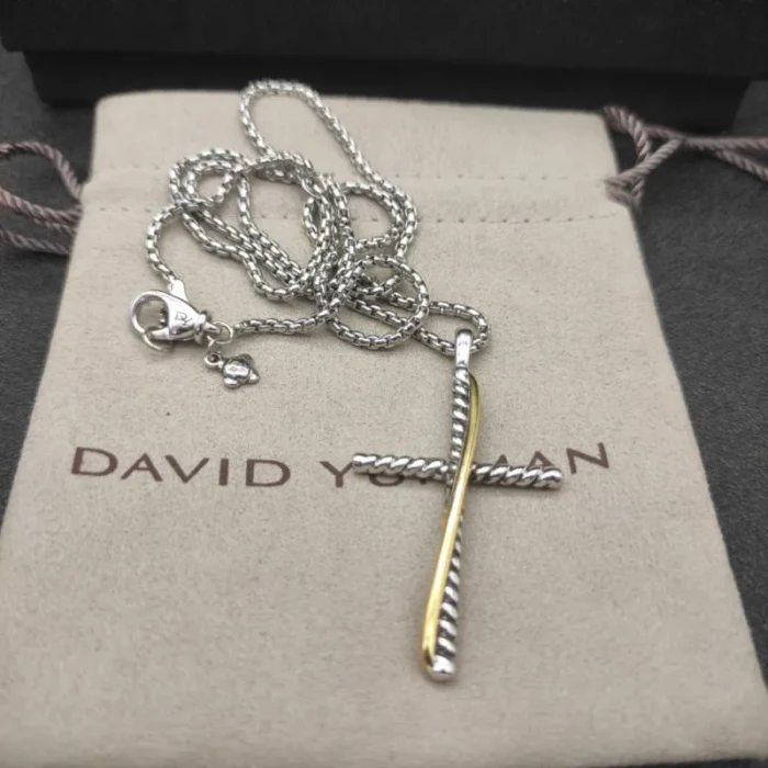 David Yurman Silver and Gold Cross Pendant Necklace with Cable Bar Details