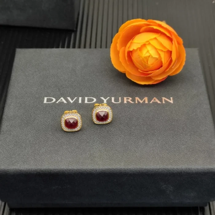 David Yurman 7mm Gold Square Red Diamond Stud Earrings