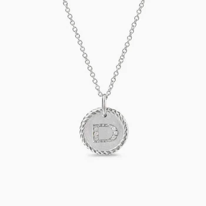 David Yurman Silver Diamond Letter D Round Pendant Necklace, Length 42cm + 3cm + 3cm