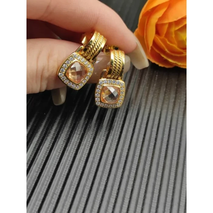 David Yurman Gold Champagne Pavé Square Cable Drop Earrings